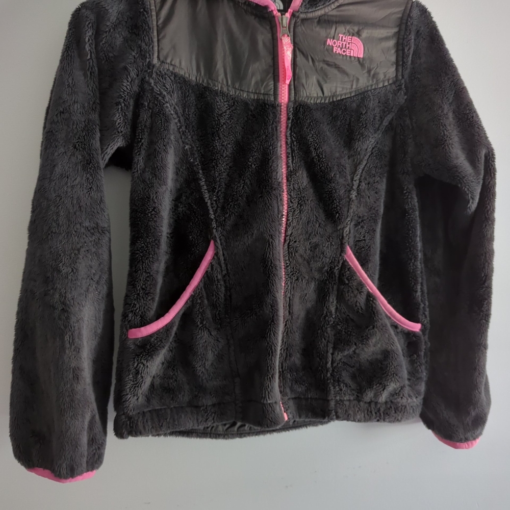 The North Face Gray and Pink Hooded Fleece Zip Up Jacket Girl’s Medium - Picture 3 of 5